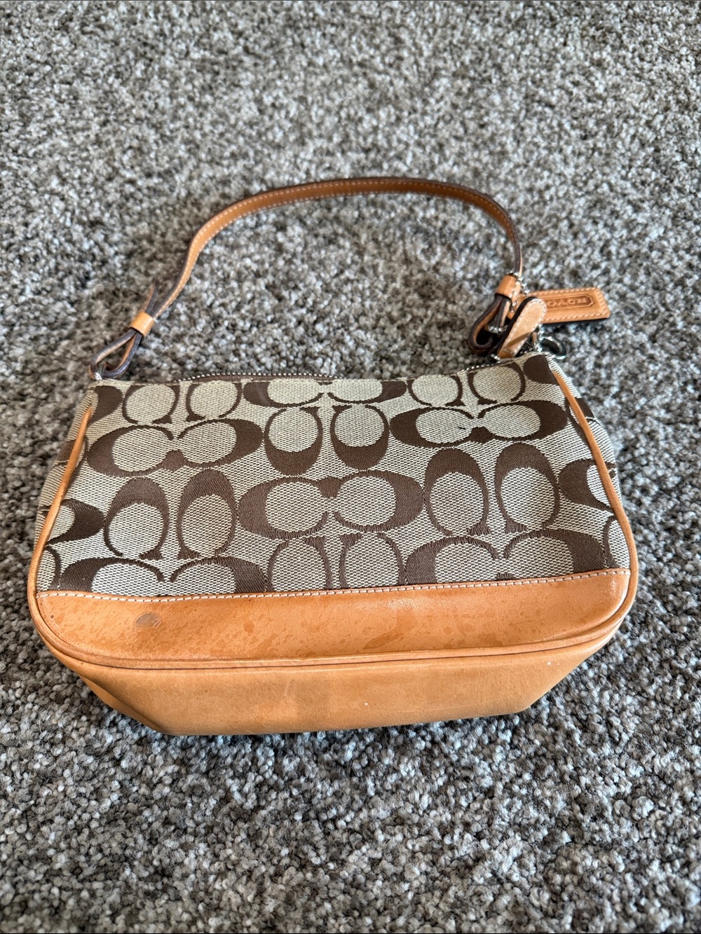 Signature Monogram Coach Canvas Shoulder Bag in Brown and Tan